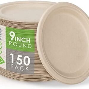 100% Compostable Paper Plates [9 in.] – 150 Disposable Plates Eco Friendly Sturdy Tree Free Liquid and Heat Resistant Alternative to Plastic or Paper Plates