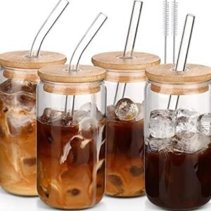 DWTS DANWEITESI Glass Cups with Lids and Straws 4 pcs,16oz Drinking Glasses Set for Coffee Bar Accessories Iced Coffee Cups with Lids,Glass Tumbler Reusable for Gifts